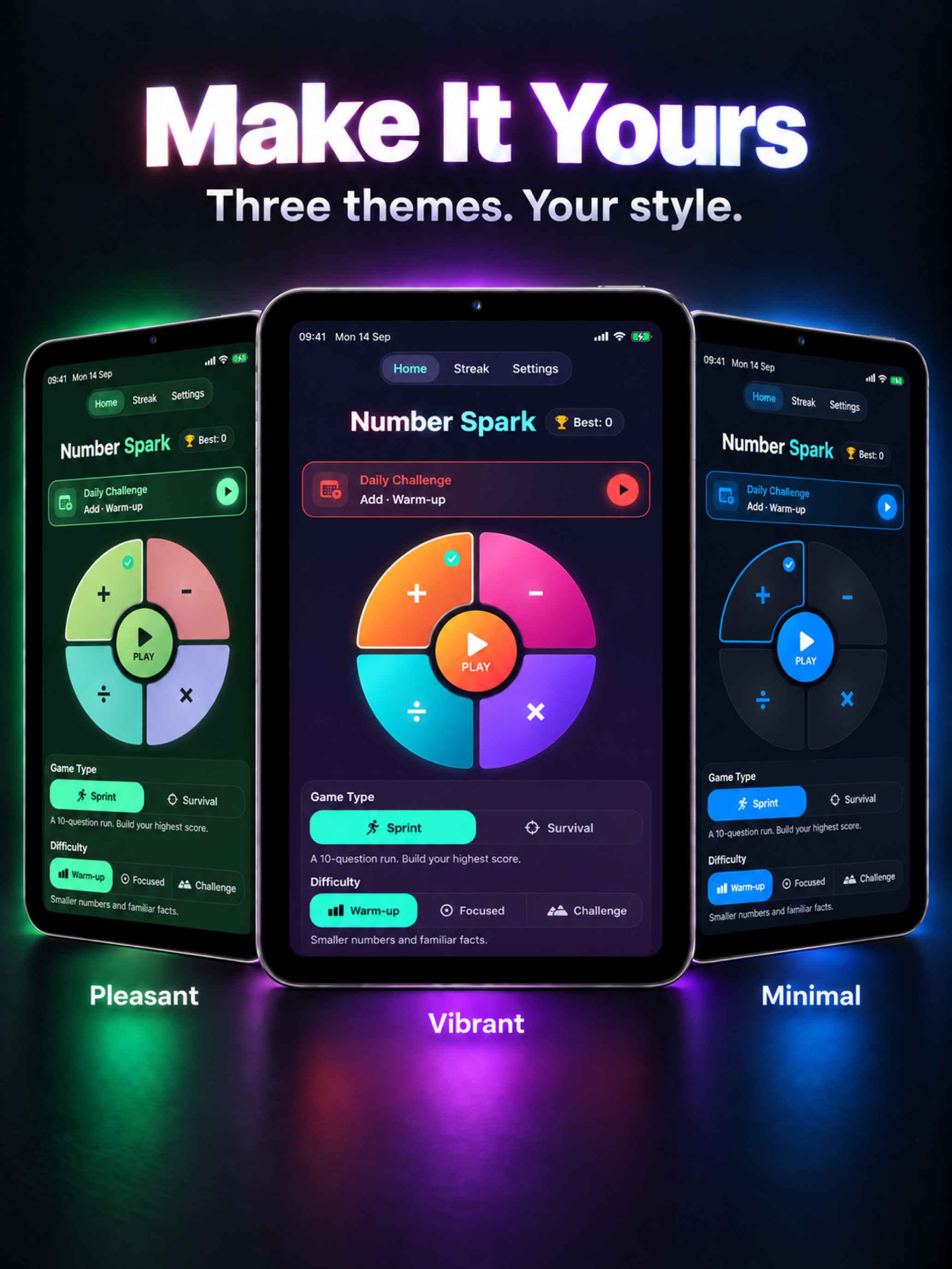 Number Spark: Math Puzzle iPad App Store image: Make It Yours — three themes
