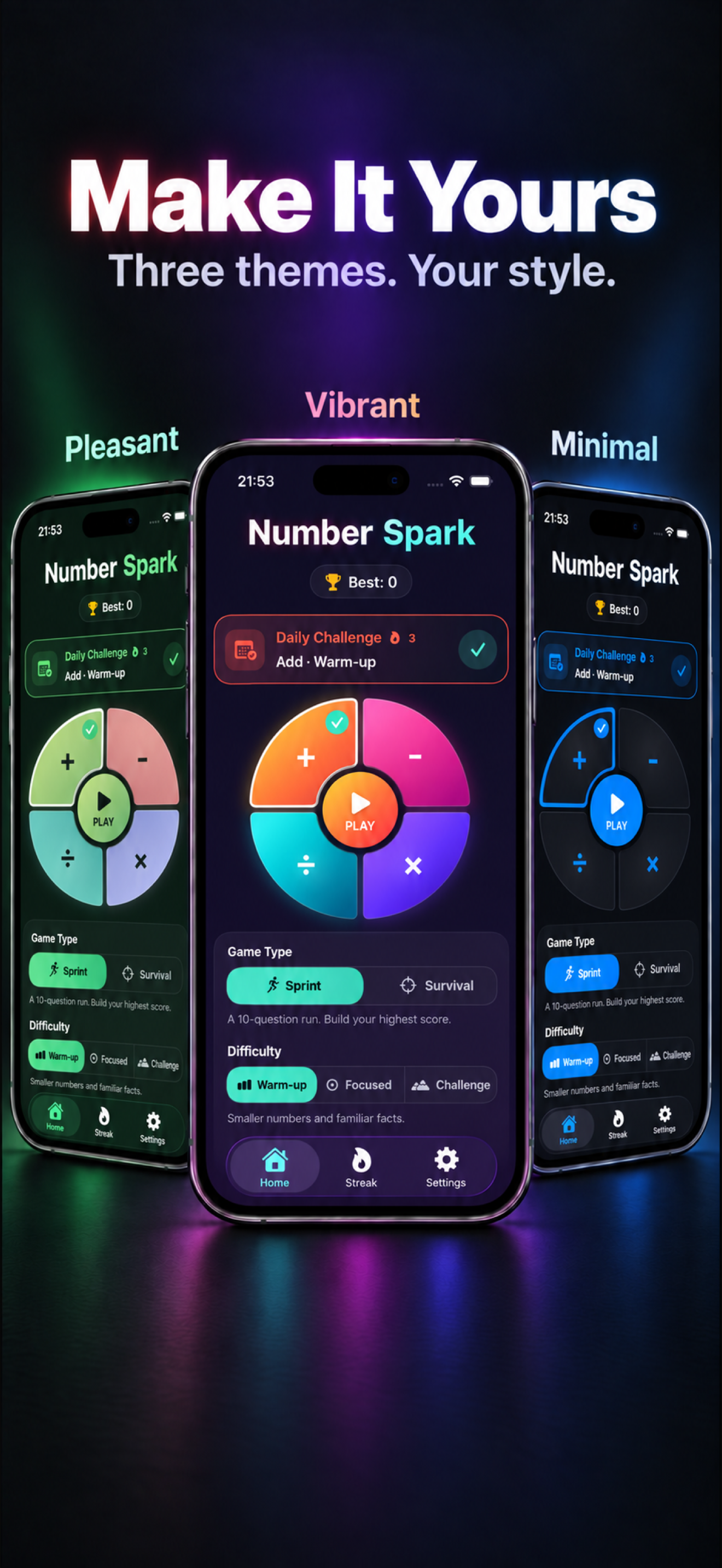 Number Spark: Math Puzzle iPhone App Store image: Make It Yours — three themes