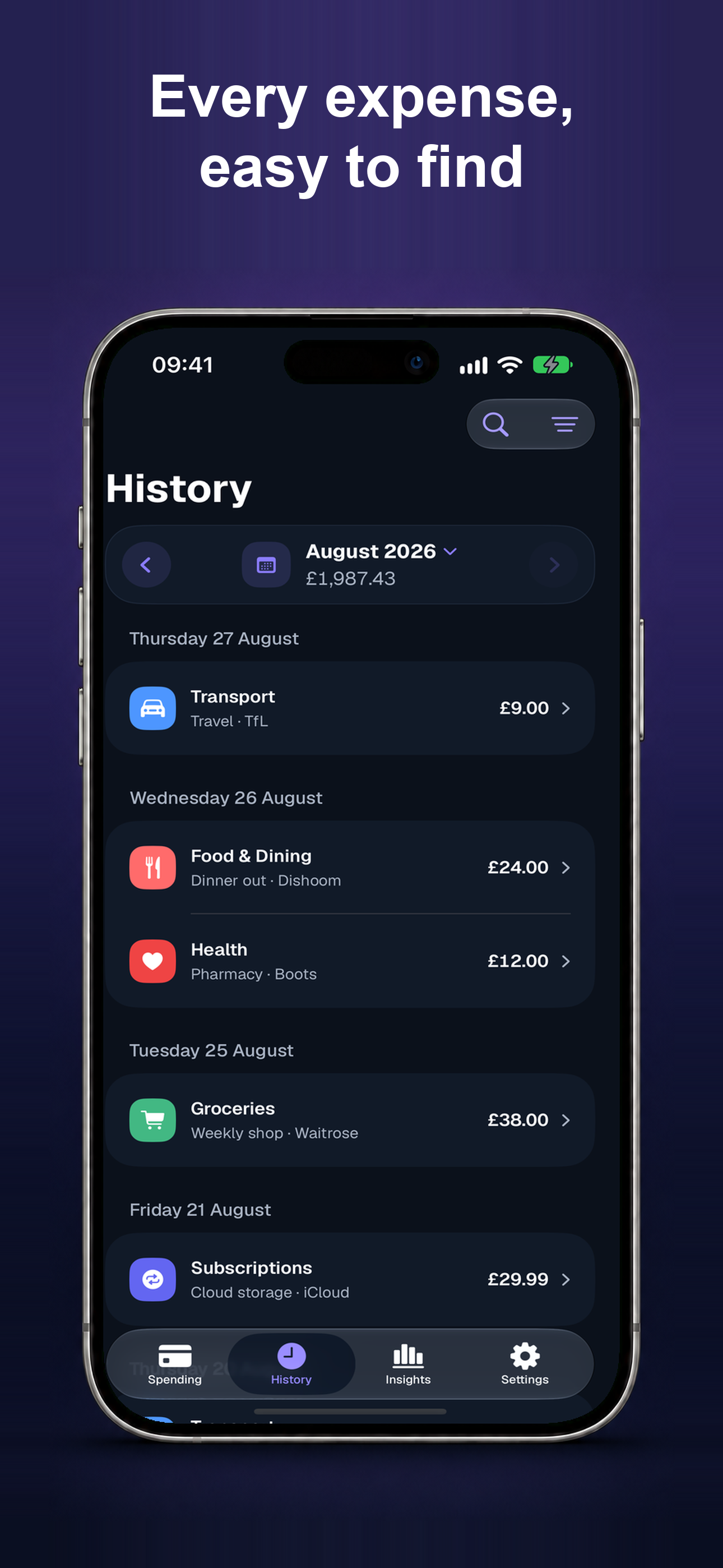 Spendra screenshot: History list of expenses grouped by date
