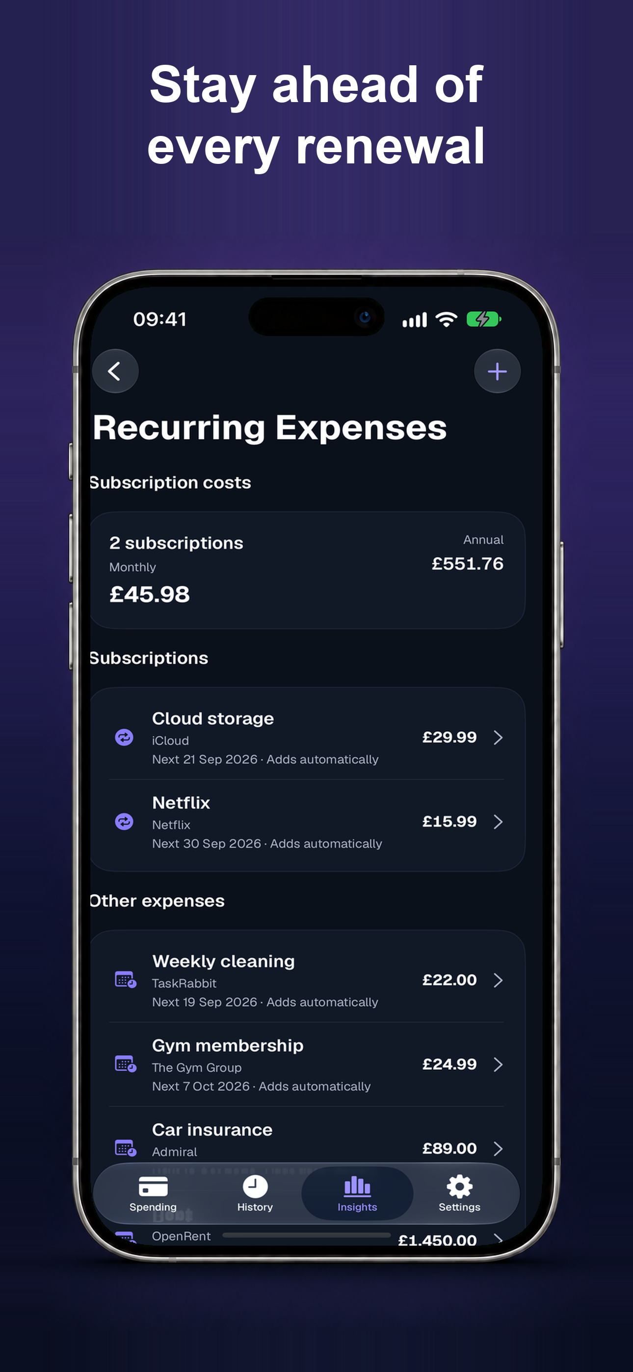 Spendra screenshot: Recurring expenses and subscription cost tracking